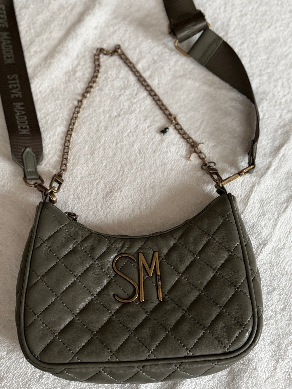 Steve Madden Quilted SM Chain-Strap Shoulder Bag in Olive